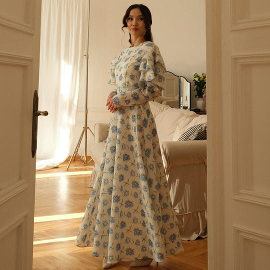 Damen Maxi-Kleid mit romantichem Rüschendesign und floralen Details R&B
