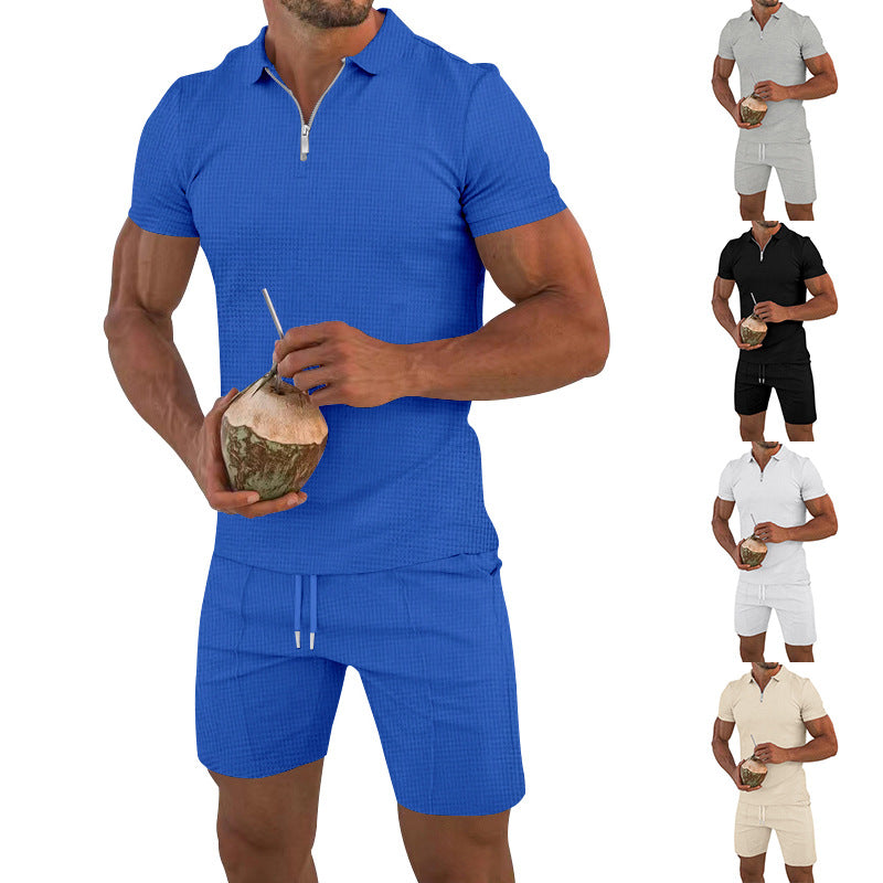 Herren lässiges Kurzarm-Set mit strukturiertem Polo und modischen Shorts R&B