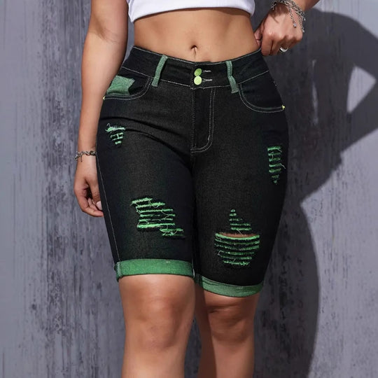 Damen Destroyed Denim-Shorts mit auffälligen Akzenten und hohem Bund R&B
