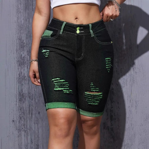 Damen Destroyed Denim-Shorts mit auffälligen Akzenten und hohem Bund R&B