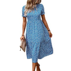 Damen nan ausgestelltes Midikleid mit hohem Rundhalsausschnitt, Puffärmeln, geraffter Empire-Taille und Stufensaum R&B