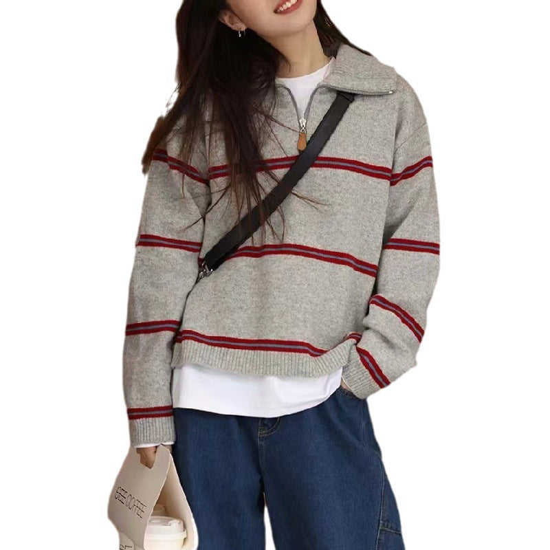 Damen gestreifter Pullover mit hohem Kragen und Reißverschluss R&B