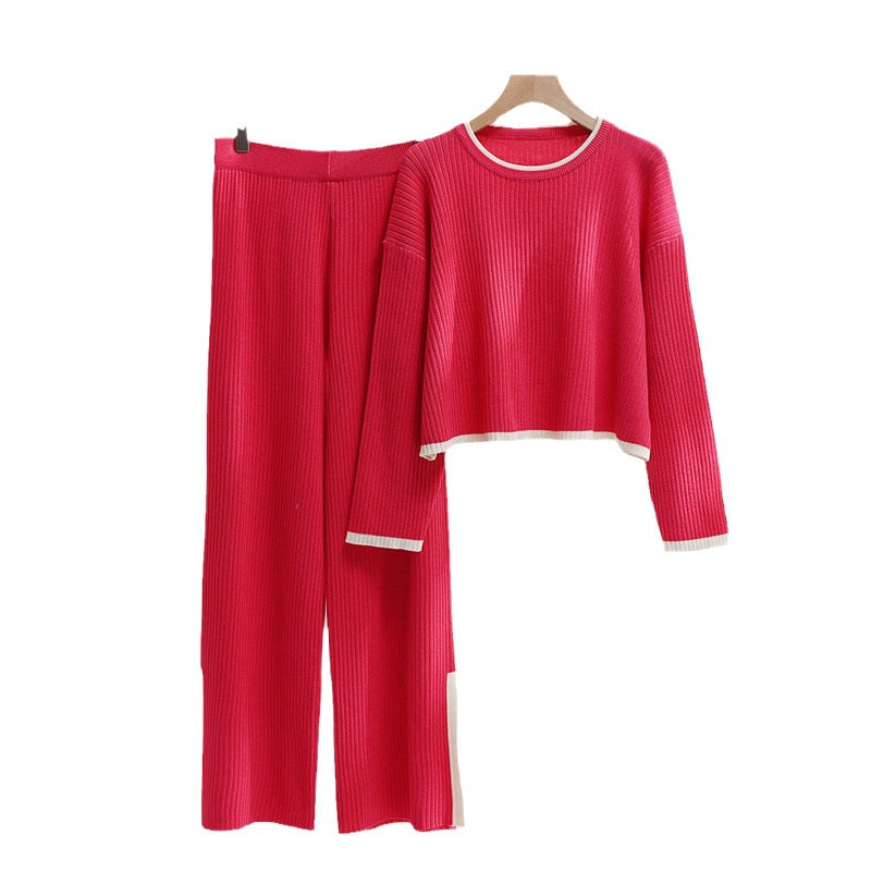Damen lässiges Strickensemble mit hohem Bund und kontrastierenden Bündchen R&B