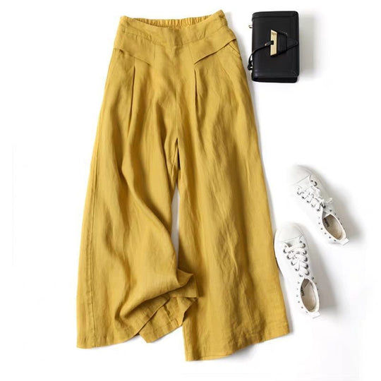Damen Weit geschnittene Leinenhose mit hohem Bund und eleganten Falten R&B