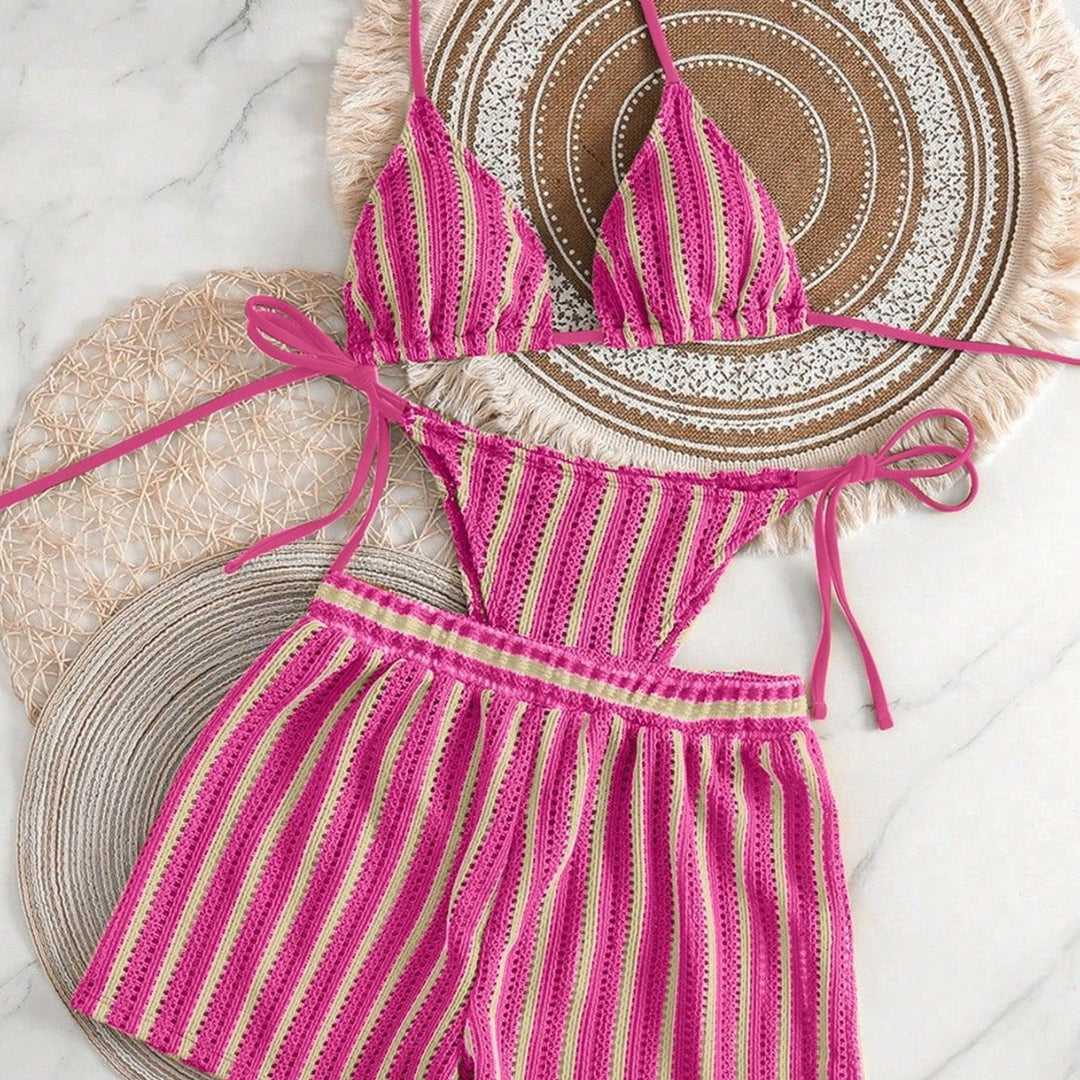 Damen Bikini-Set mit gerafftem Oberteil und hoch taillierten Shorts R&B