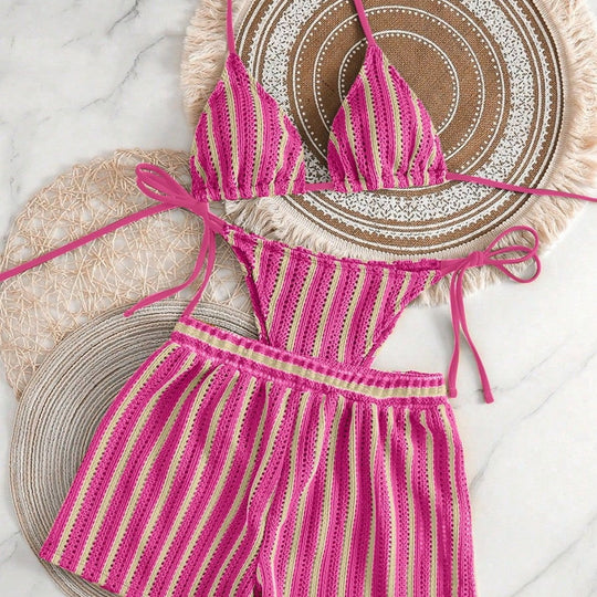 Damen Bikini-Set mit gerafftem Oberteil und hoch taillierten Shorts R&B