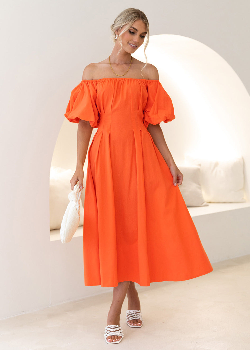 Damen Maxikleid mit schulterfreier Silhouette und voluminösen Ärmeln R&B