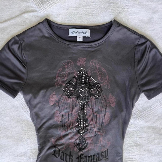 Damen T-Shirt mit funkelndem Grafikkreuz und floralem Design R&B