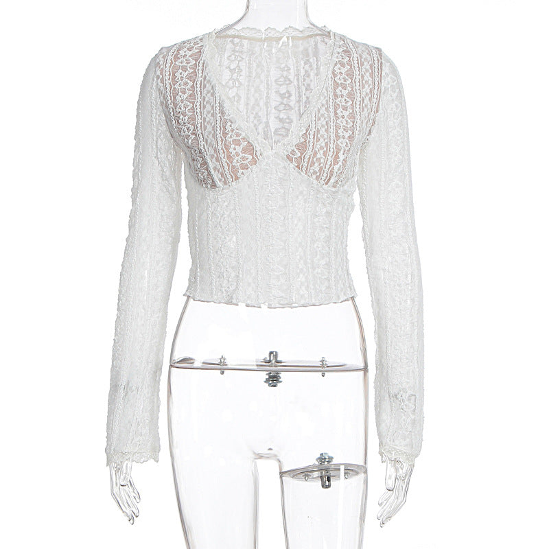 Damen Spitzenbluse mit transparentem Design und langen Ärmeln R&B