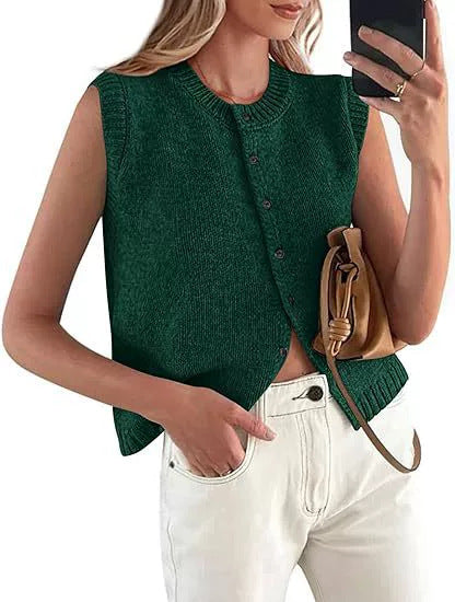 Damen lässige Strickweste mit Knopfleiste und Rundhalsausschnitt R&B