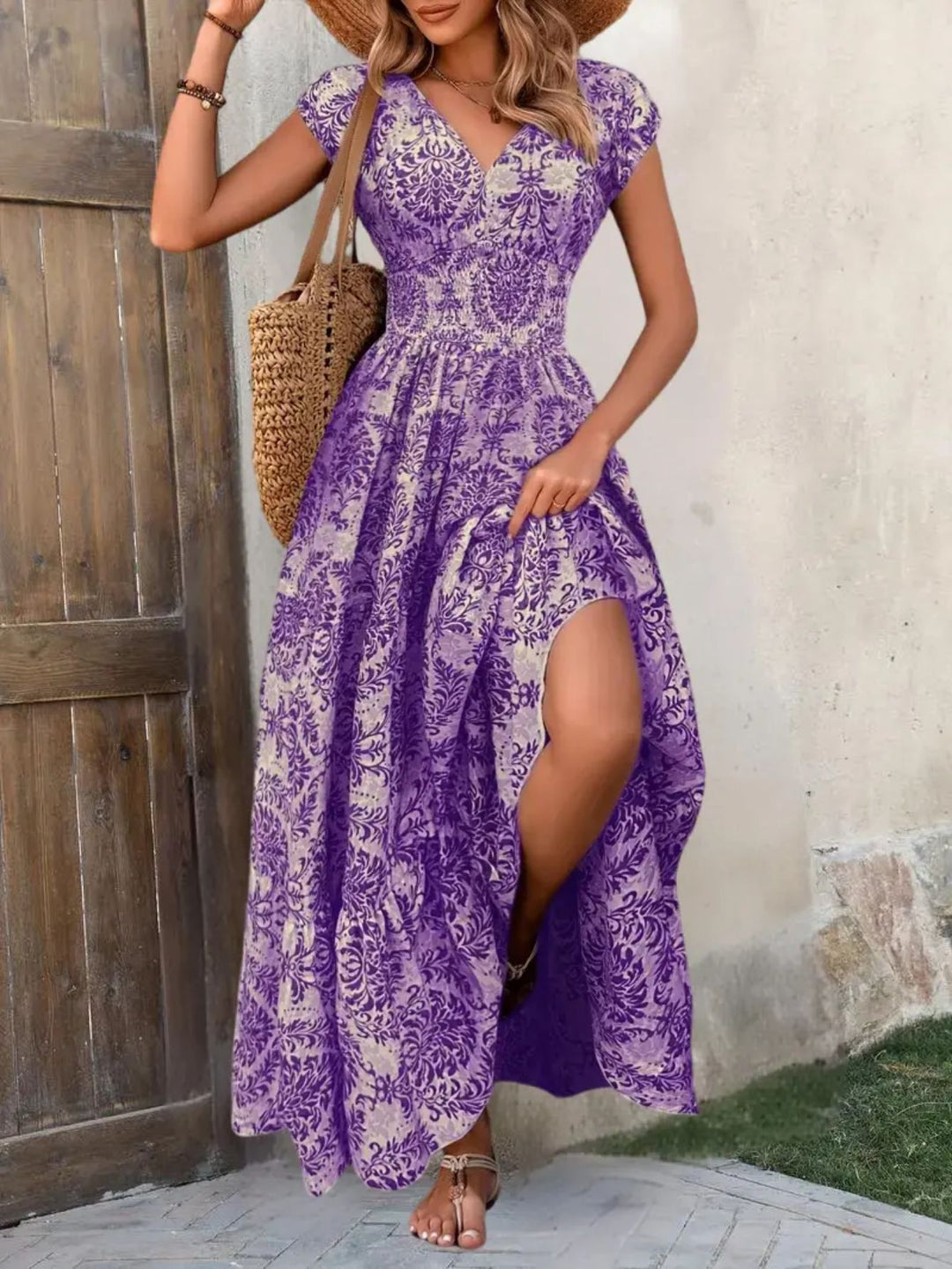 Damen Maxikleid mit romantischem Vintage-Muster und fließendem Schnitt R&B