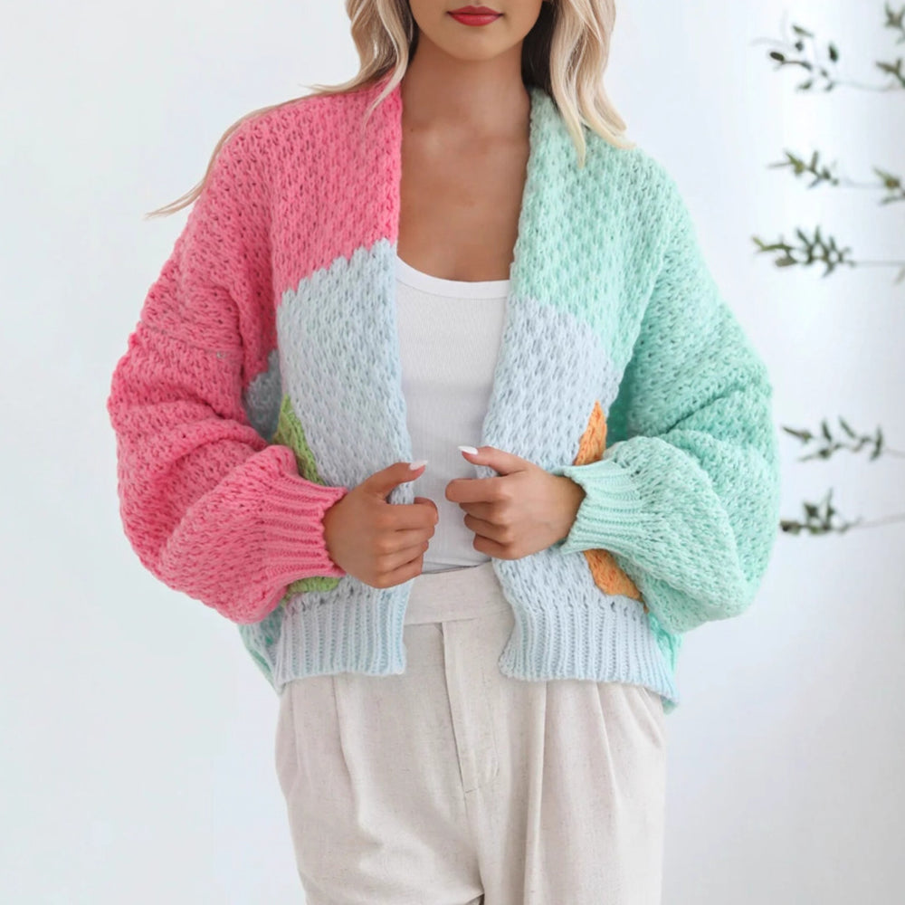 Damen kuschelige Strickjacke mit oversized Ärmeln und Farbkombination R&B