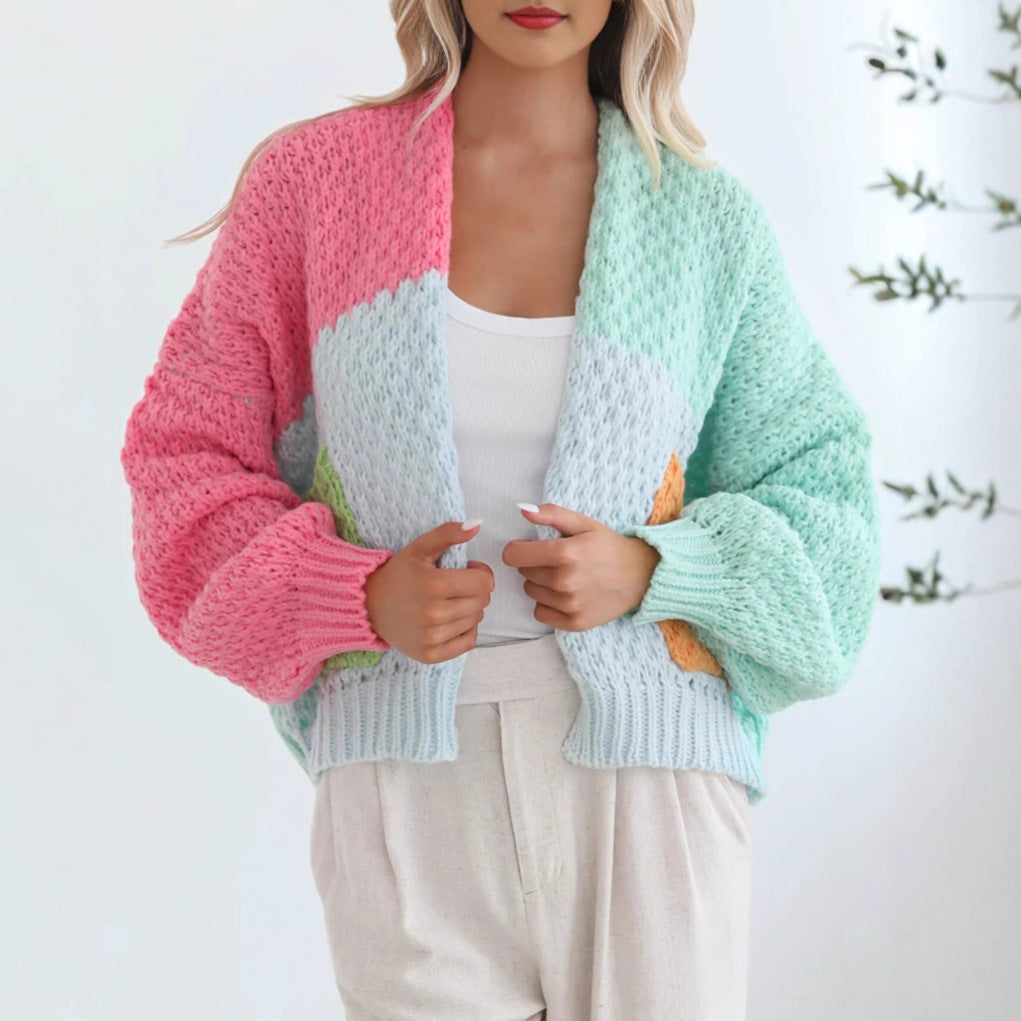 Damen kuschelige Strickjacke mit oversized Ärmeln und Farbkombination R&B