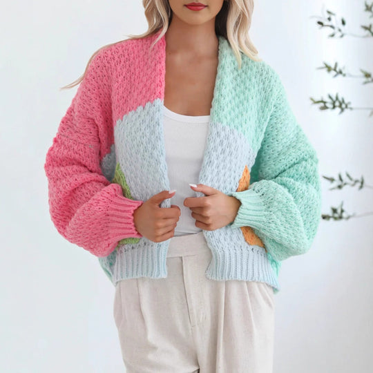 Damen kuschelige Strickjacke mit oversized Ärmeln und Farbkombination R&B