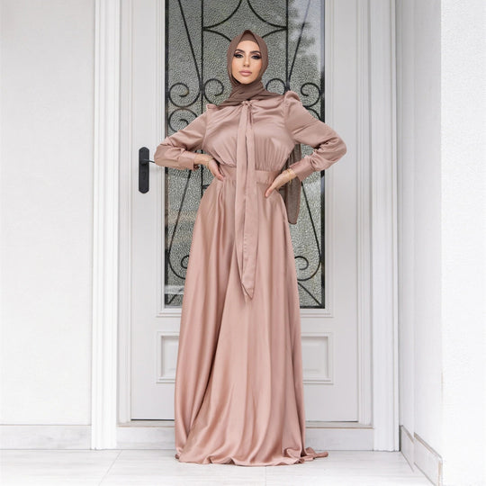 Damen Maxi-Kleid mit fließenden Ärmeln und elegantem Taillengürtel R&B