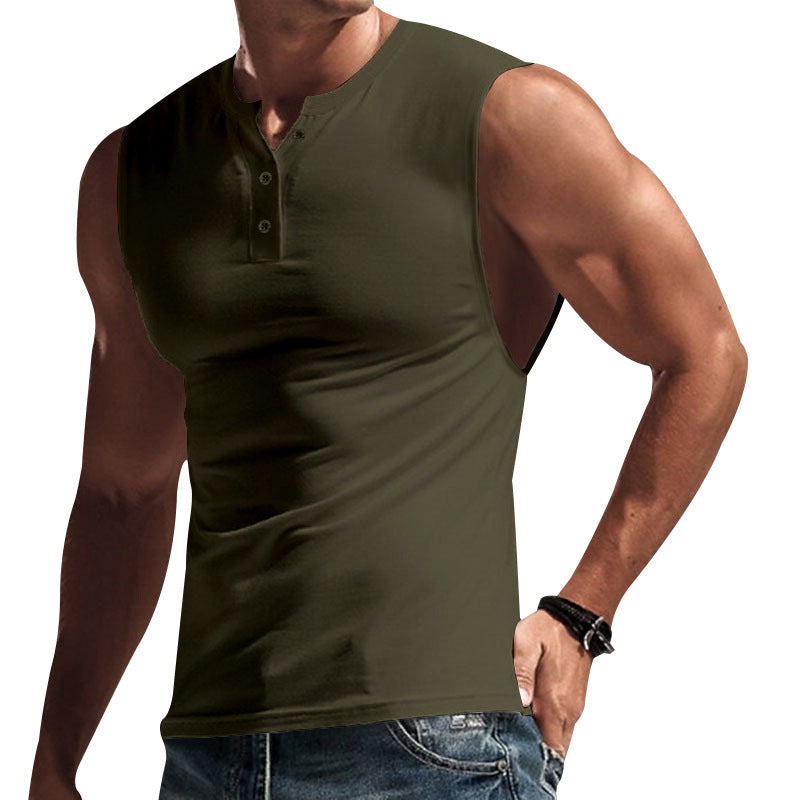 Herren nan ärmelloses Muskelshirt mit Henley-Knopfleiste, tiefem Armausschnitt und elastischem Baumwollmix R&B