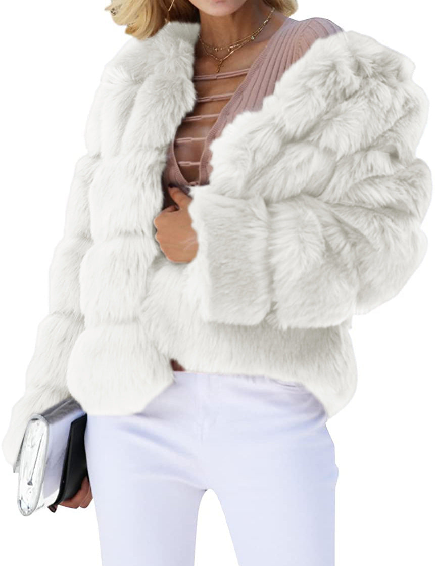Damen Flauschige Kunstpelzjacke mit voluminösen Ärmeln und elegantem Schnitt R&B