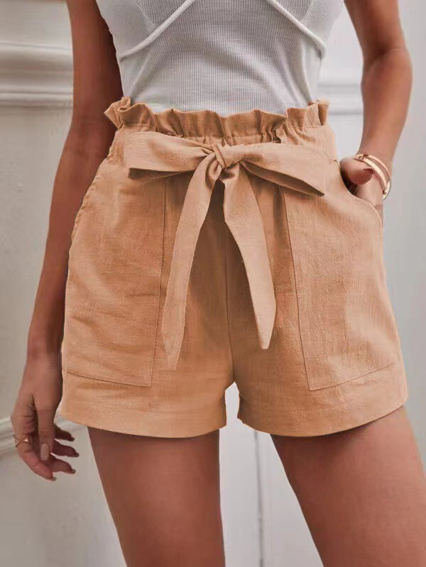 Damen elegante Leinen-Shorts mit Bindegürtel und breitem Bund R&B