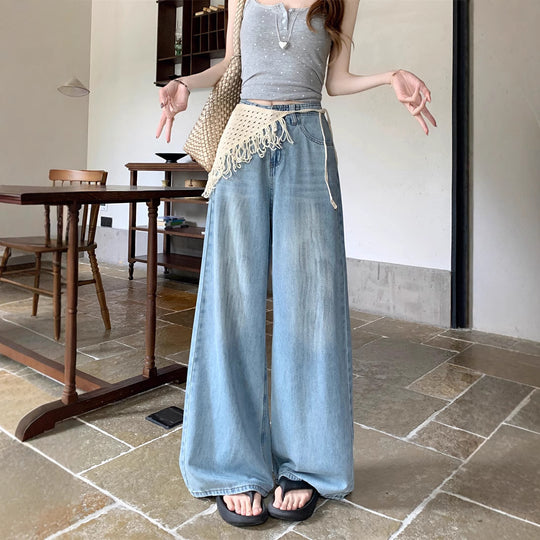 Damen Weite Jeanshose mit fransigem Gürtel R&B