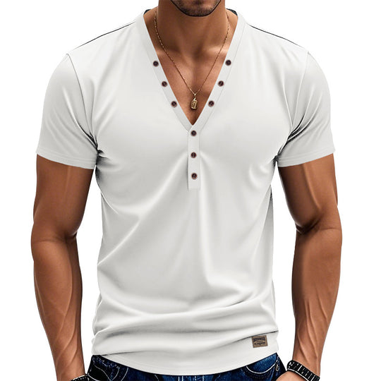 Herren Kurzarm Henley-T-Shirt mit modischem V-Ausschnitt und dekorativen Knöpfen R&B
