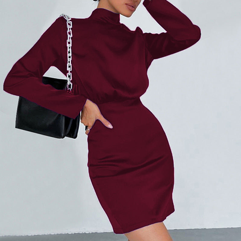 Damen Elegantes Minikleid mit hochgeschlossenem Kragen und langem Ärmel R&B