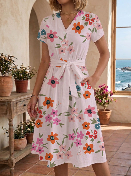 Damen lässiges Maxikleid mit taillierbarem Knoten und dekorativem Karomuster R&B