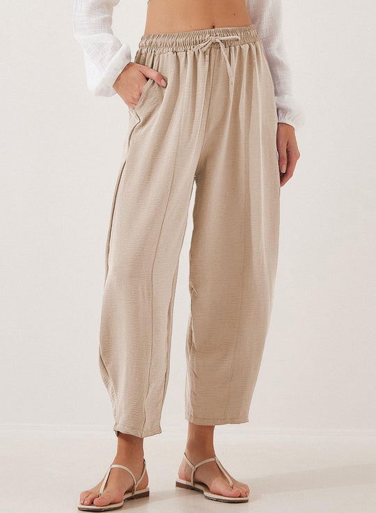 Damen bequeme Freizeithose aus leichtem Stoff mit elastischem Bund und Seitentaschen R&B