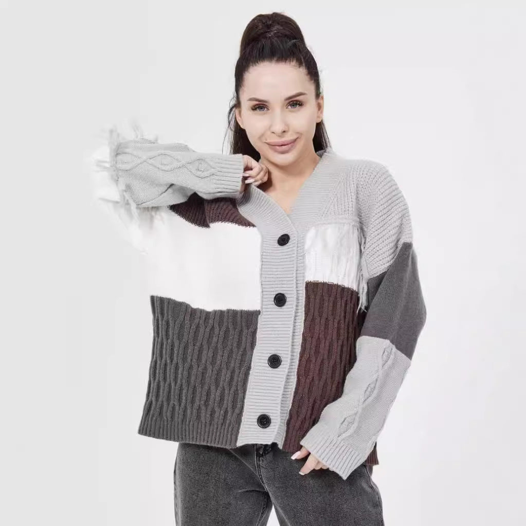 Damen grob gestrickter Cardigan mit modischem Farbblockdesign und Knopfleiste R&B