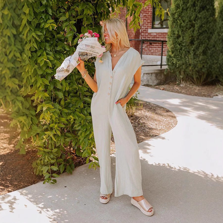 Damen Weitgeschnittener Jumpsuit mit Knopfleiste und Taschen R&B