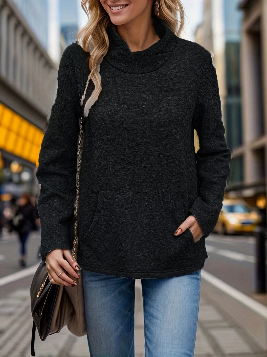 Damen lässiger Pullover mit hohem Kragen und Taschen R&B