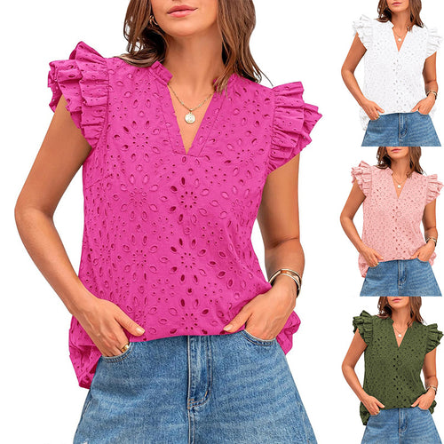 Damen Bluse mit Rüschenärmel und floralem Lochmuster R&B