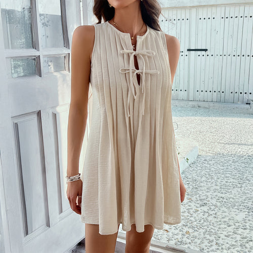Damen Ärmelloses Sommerkleid mit Plisseefalten und dekorativem Schlüssel-Ausschnitt R&B