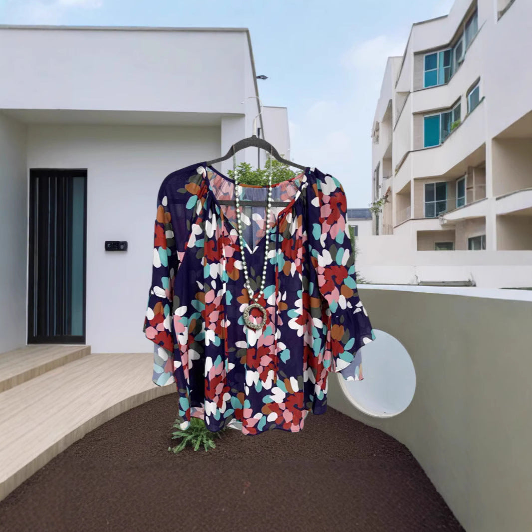 Damen luftige Bluse mit buntem Blumendesign und eleganten Rüsenärmeln R&B
