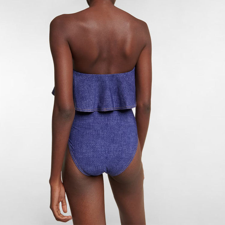 Damen Bandeau Badeanzug mit dekorativen Schleifen und gestreiftem Maxiröckchen R&B