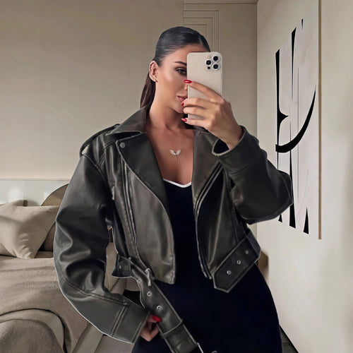Damen cropped Kunstlederjacke mit asymmetrischem Reißverschluss und weichem Innenfutter R&B