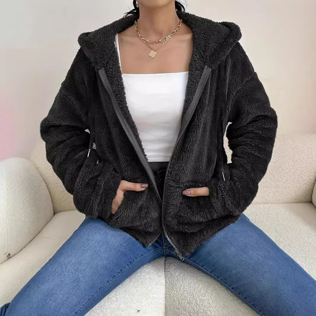 Damen kuschelige Fleecejacke mit Kapuze und seitlichen Taschen R&B