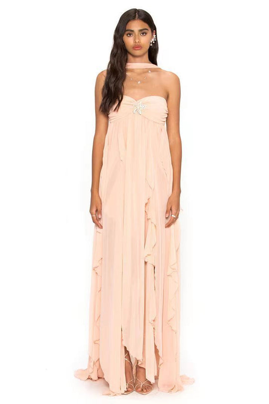 Damen Elegantes Maxi-Kleid mit asymmetrischem Saum und zarten Rüschendetails R&B