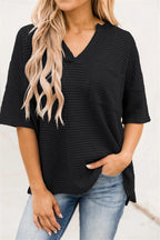 Damen casual V-Ausschnitt Oberteil mit strukturiertem Stoff und Seitennahttaschen R&B