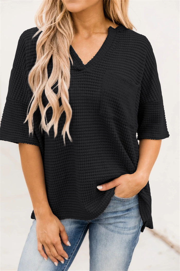 Damen casual V-Ausschnitt Oberteil mit strukturiertem Stoff und Seitennahttaschen R&B