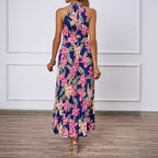 Damen Plissiertes Maxikleid mit tiefem Halterneck und floraler Taillierung R&B