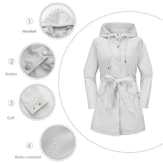 Damen wasserfeste Übergangsjacke mit verstellbarem Kapuzenkragen und Taillengürtel R&B
