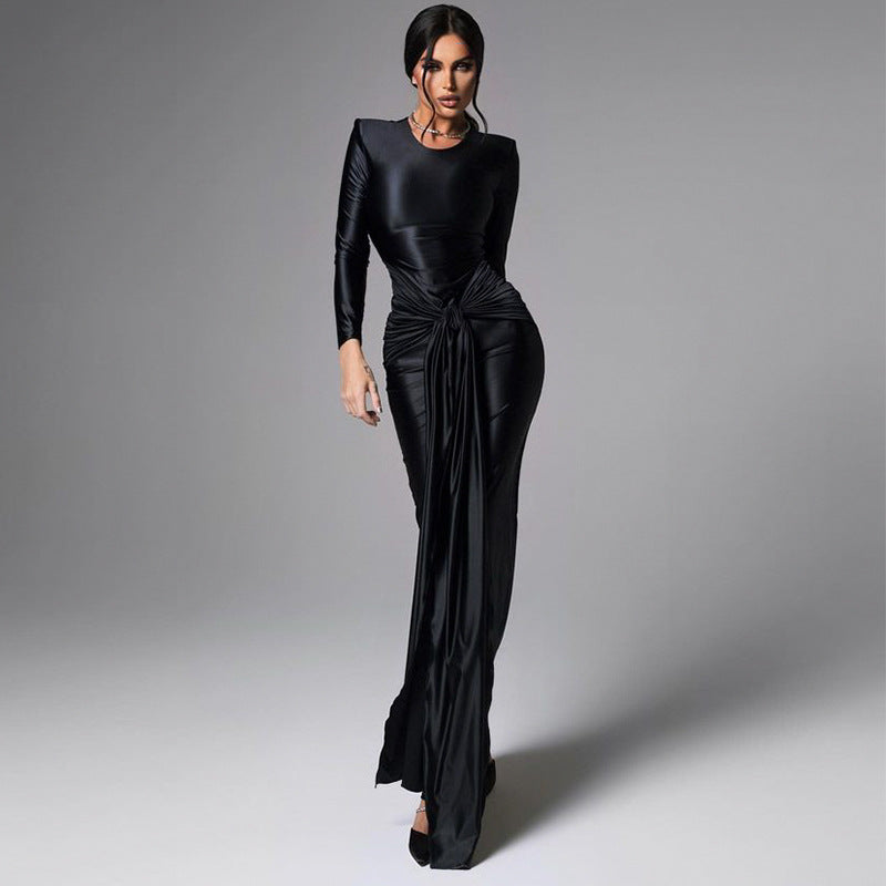 Damen Elegantes Longdress mit figurbetontem Schnitt und Schleifenakzent R&B