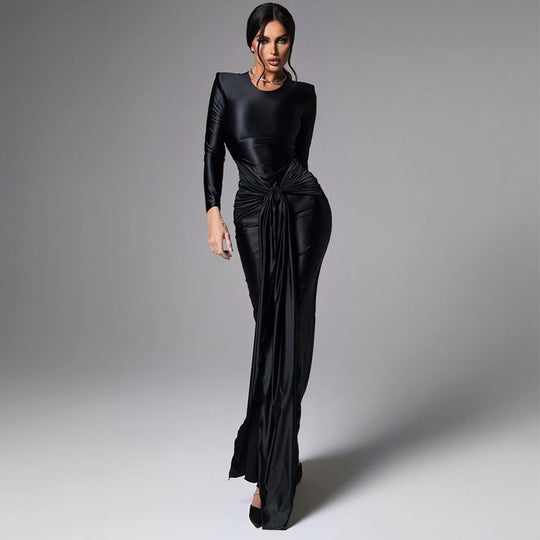 Damen Elegantes Longdress mit figurbetontem Schnitt und Schleifenakzent R&B