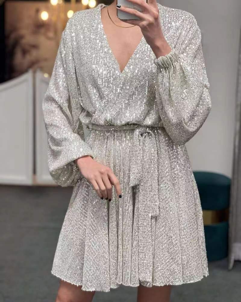 Damen funkelndes Cocktailkleid mit V-Ausschnitt und Taillengürtel R&B