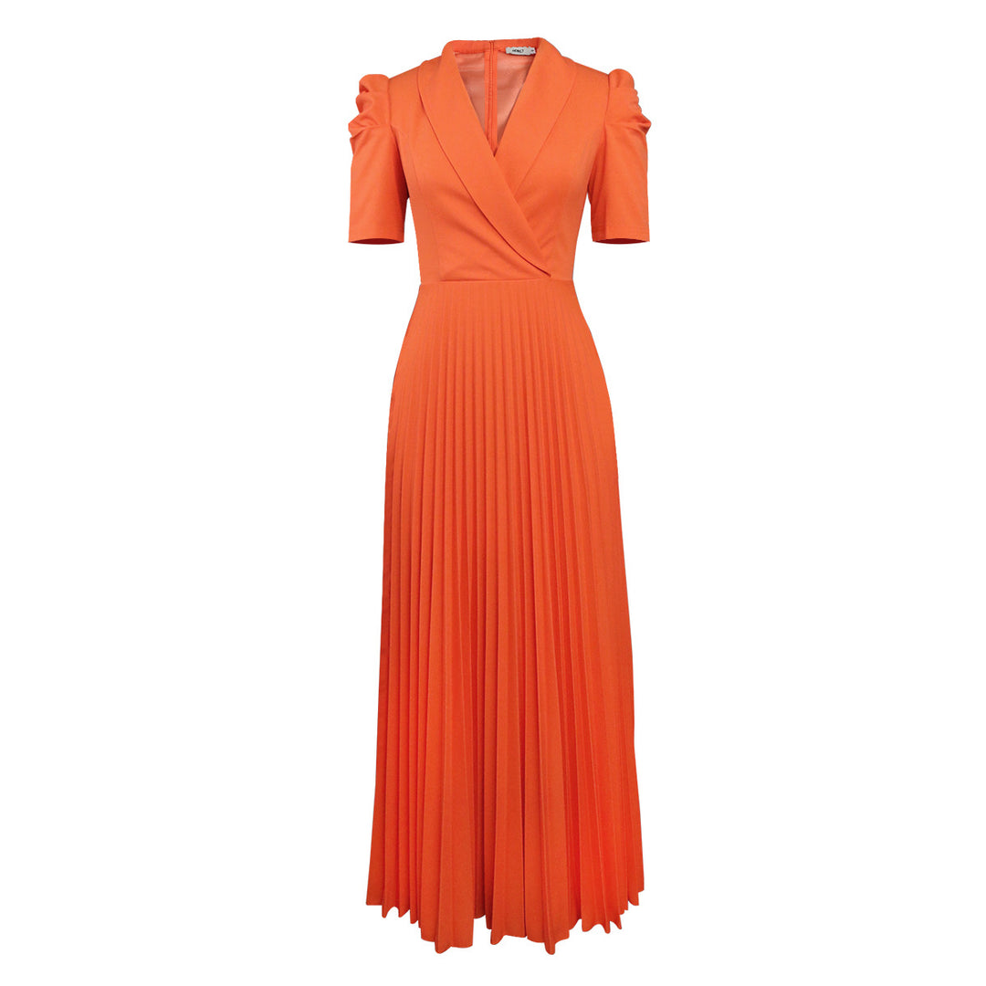 Damen elegantes Wickelkleid mit plissiertem Rock und Puffärmeln R&B