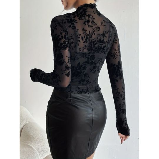 Damen Langarmshirt mit floralem Chiffon und transparenten Details R&B