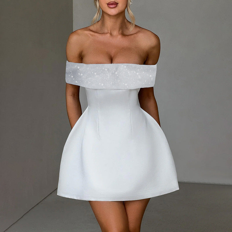 Damen Off-Shoulder Minikleid mit schimmerndem Bustier-Oberteil R&B