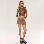 Damen nan feines Mesh-Crop-Top mit Leoparden- und Rosenprint R&B