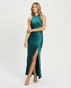 Damen Satin Maxikleid asymmetrisch mit Beinschlitz