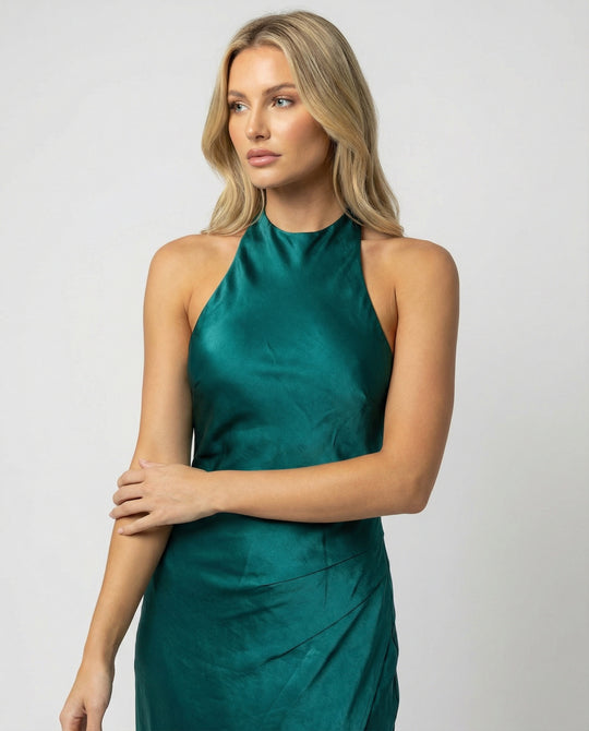Damen Satin Maxikleid asymmetrisch mit Beinschlitz